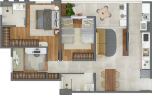 Planta de 75 m² com 3 dormitórios e suíte do ONI Bélgica