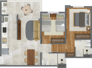 Planta de 61 m² com 2 dormitórios e suíte do ONI Bélgica