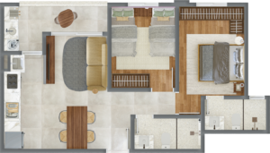 Planta de 55 m² com 2 dormitórios e suíte do ONI Bélgica