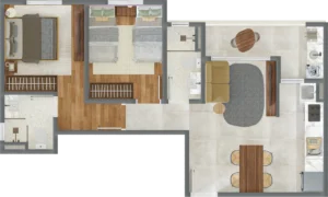 Planta de 57 m² com 2 dormitórios e suíte do ONI Bélgica